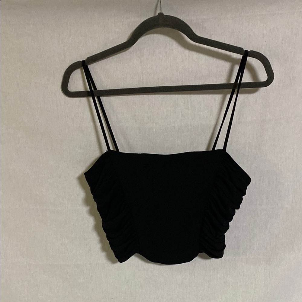 Zara Black Ruched Bustier Crop Top Spaghetti Straps Zipper Side - Picture 2 of 10